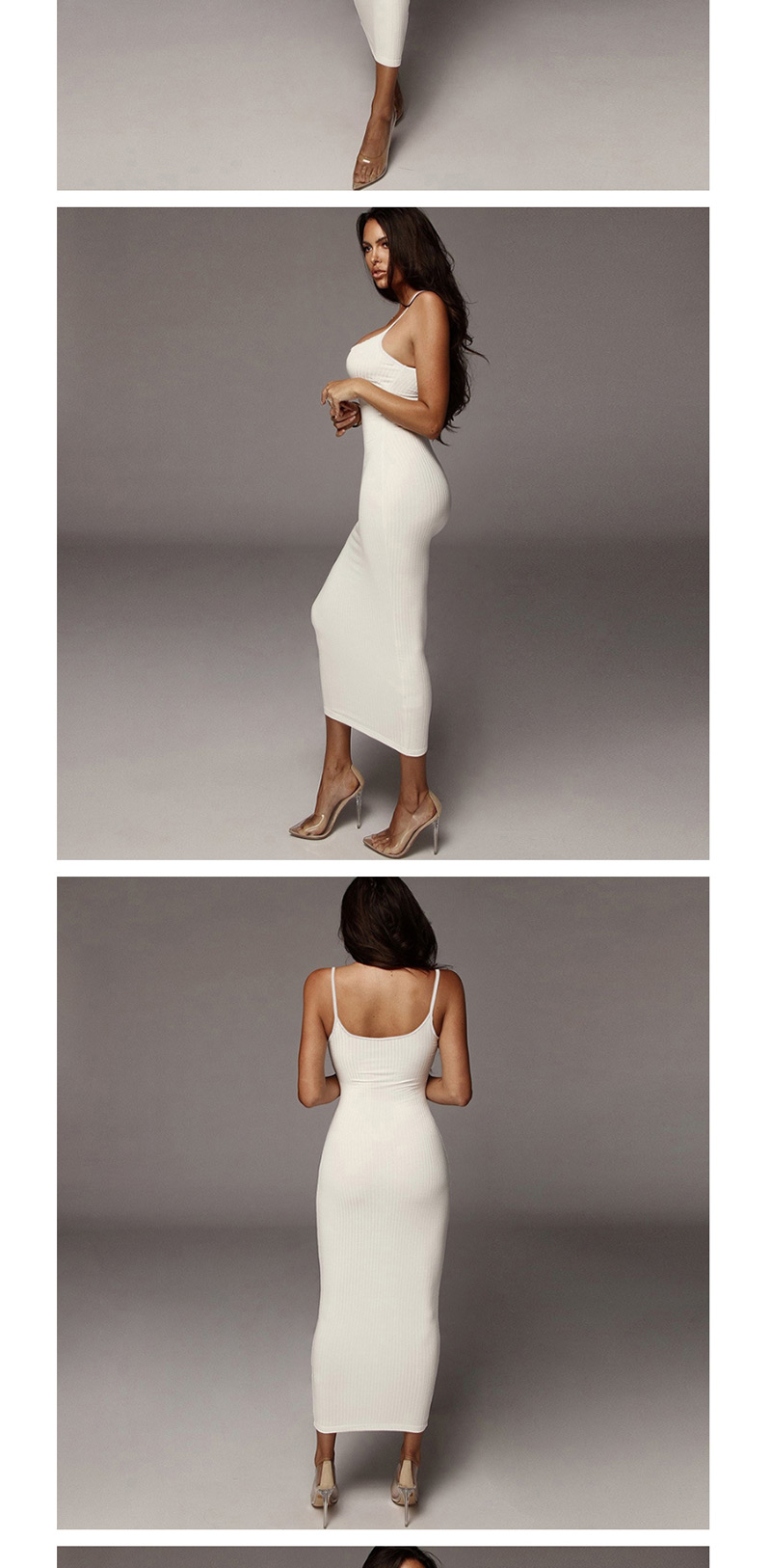 Fashion White Contrast Sling Backless Dress,Long Dress