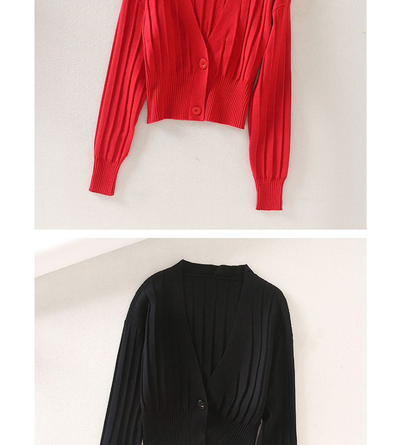 Fashion Red V-neck Knit Pit Buckle Sweater,Sweater