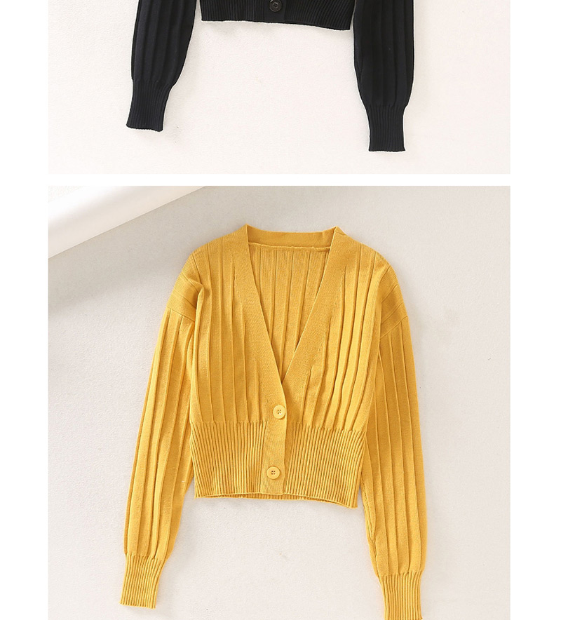 Fashion Yellow V-neck Knit Pit Buckle Sweater,Sweater