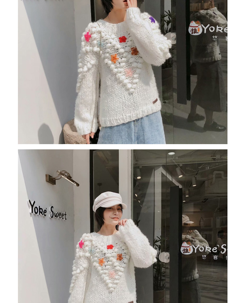 Fashion White Woven Ball Flower Sweater,Sweater