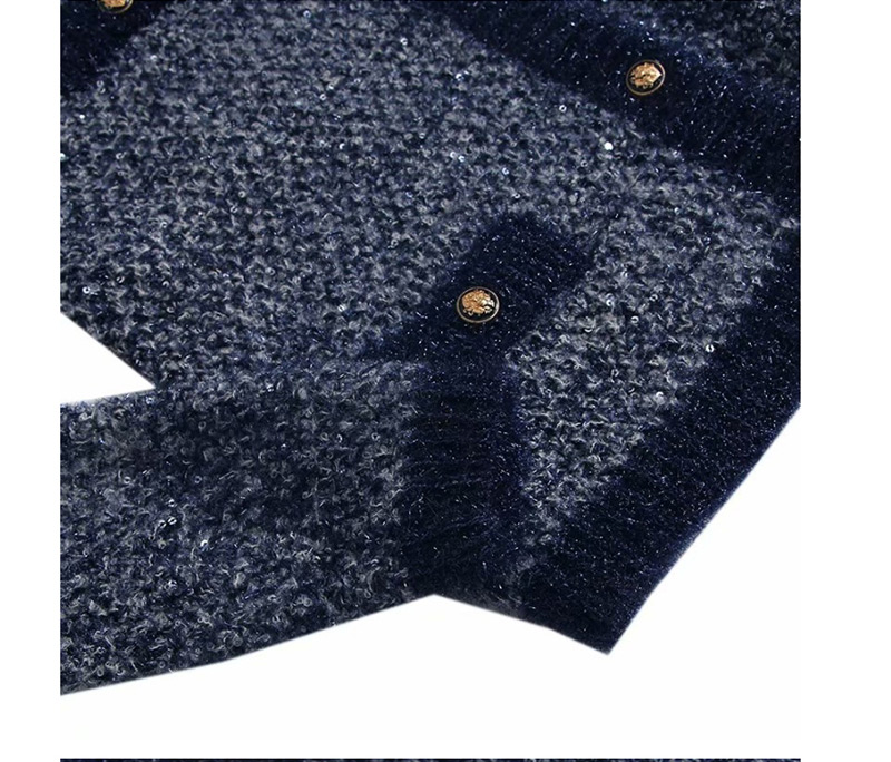 Fashion Blue Bright Silk Woven Round Neck Single-breasted Sweater,Sweater