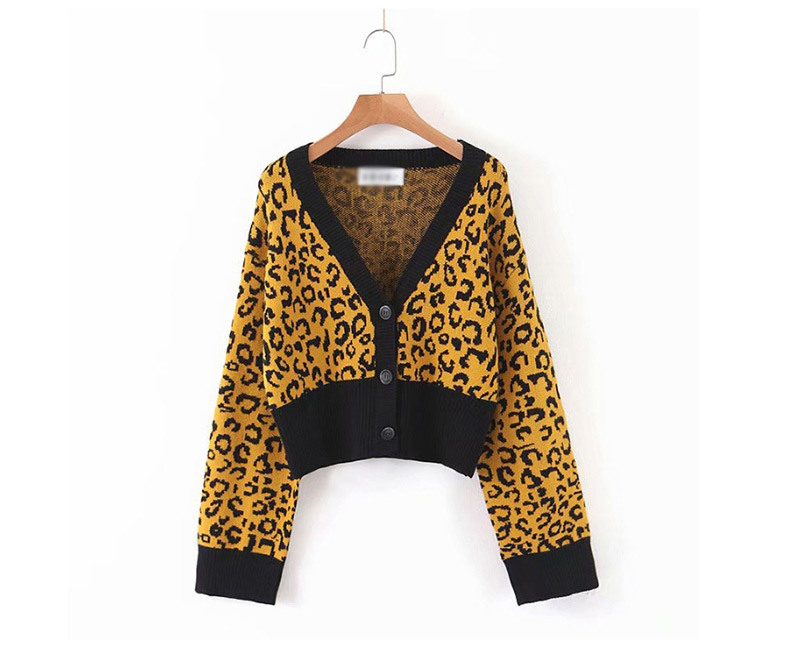 Fashion Yellow Lantern Sleeve Leopard Knit V-neck Single-breasted Cardigan,Sweater