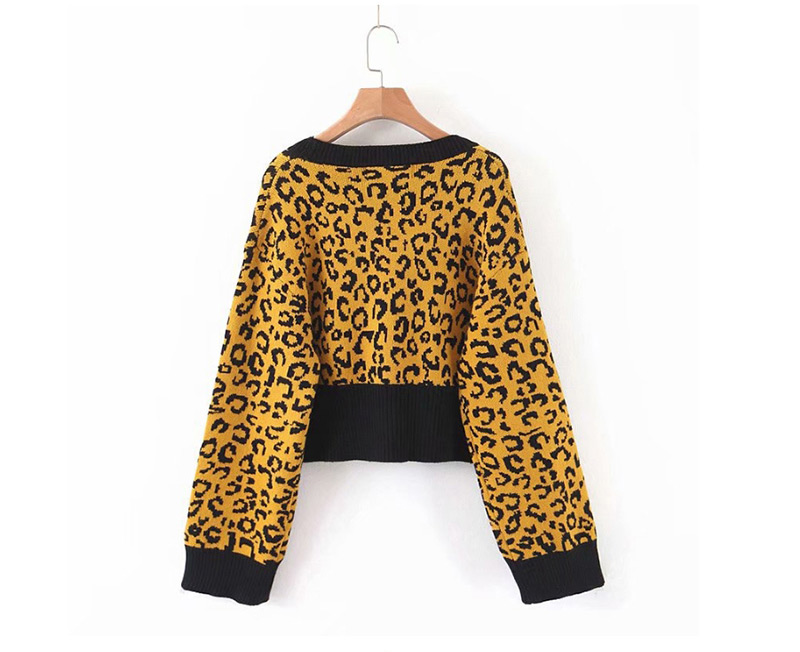Fashion Yellow Lantern Sleeve Leopard Knit V-neck Single-breasted Cardigan,Sweater