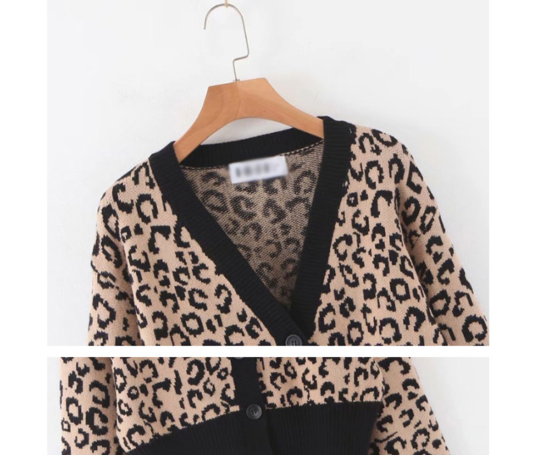 Fashion Khaki Lantern Sleeve Leopard Knit V-neck Single-breasted Cardigan,Sweater
