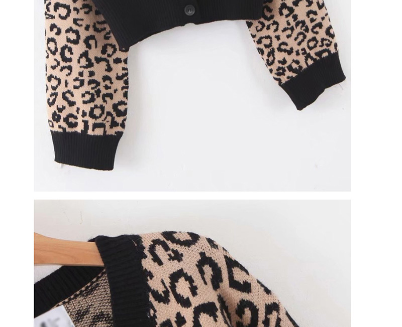 Fashion Khaki Lantern Sleeve Leopard Knit V-neck Single-breasted Cardigan,Sweater