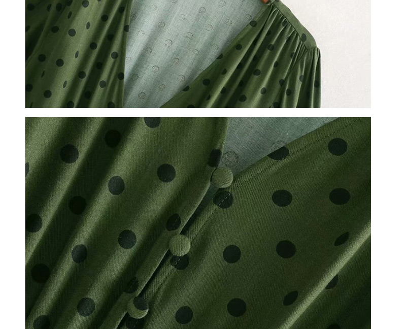 Fashion Green Polka-print V-neck Single-breasted Dress,Long Dress