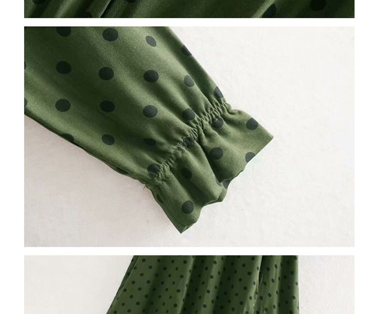 Fashion Green Polka-print V-neck Single-breasted Dress,Long Dress