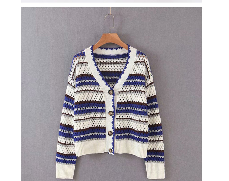 Fashion Blue And White Striped Knit V-neck Single-breasted Cardigan,Sweater