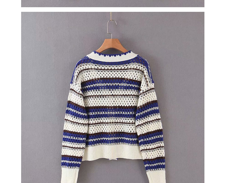 Fashion Blue And White Striped Knit V-neck Single-breasted Cardigan,Sweater