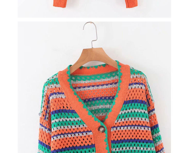Fashion Orange Strip Striped Knit V-neck Single-breasted Cardigan,Sweater