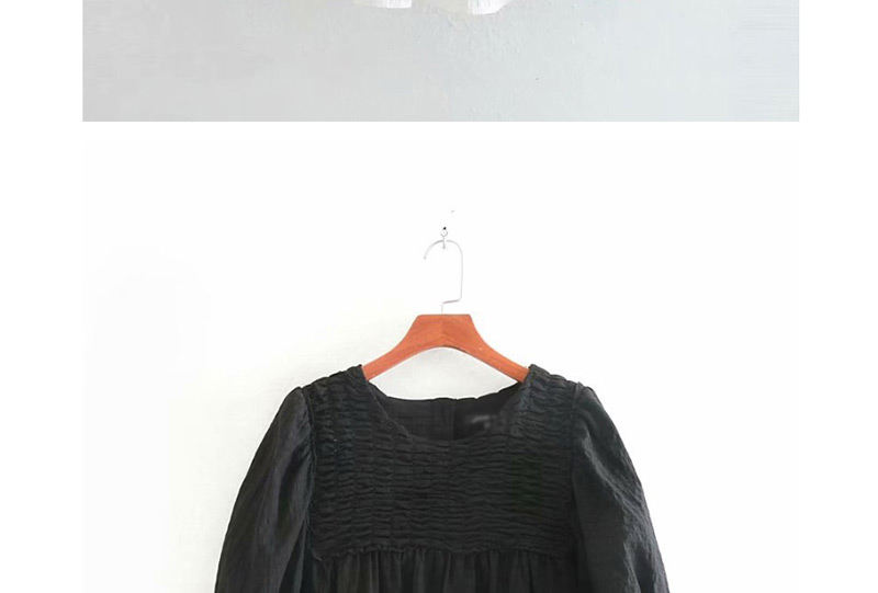 Fashion Black Pleated Textured Round Neck Pullover Shirt,Blouses