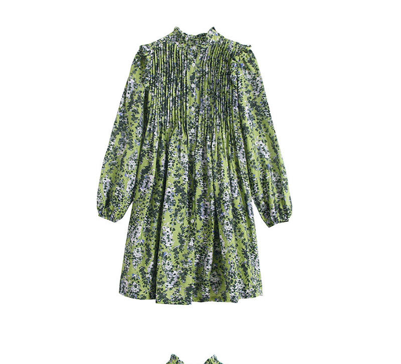 Fashion Green Stand Collar Pleated Flying Sleeves Floral Dress,Mini & Short Dresses