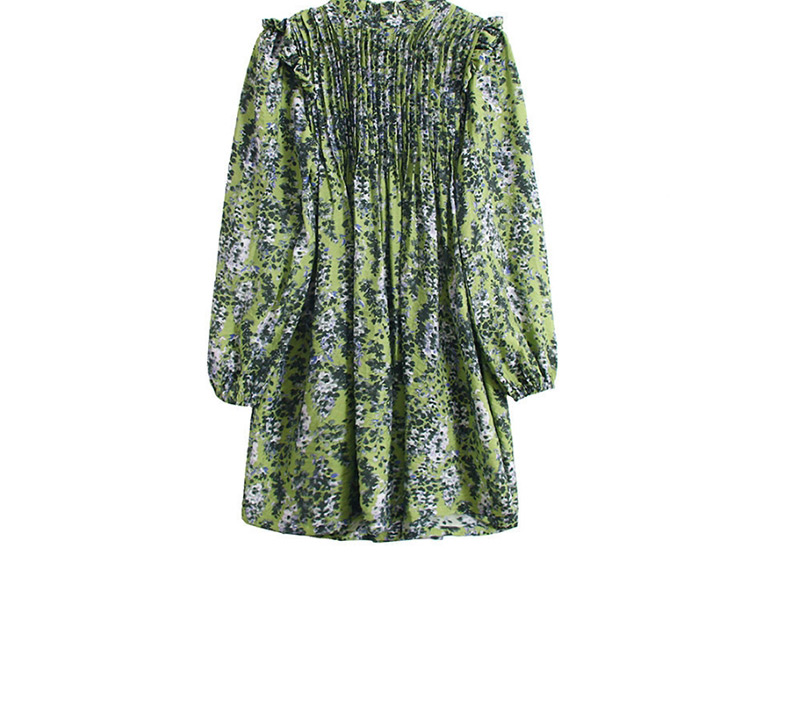 Fashion Green Stand Collar Pleated Flying Sleeves Floral Dress,Mini & Short Dresses