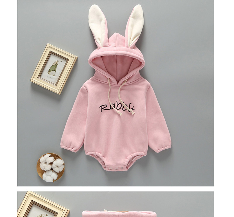Fashion Pink Rabbit Ear Letter Print Plus Velvet Hooded Jumpsuit,Kids Clothing