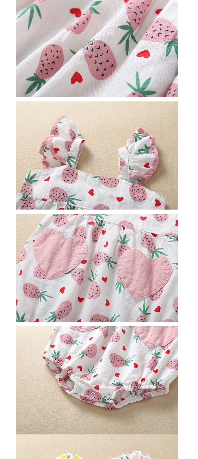 Fashion Pink Pineapple Fruit Print Love Patch Pocket Baby Triangle Lace,Kids Clothing