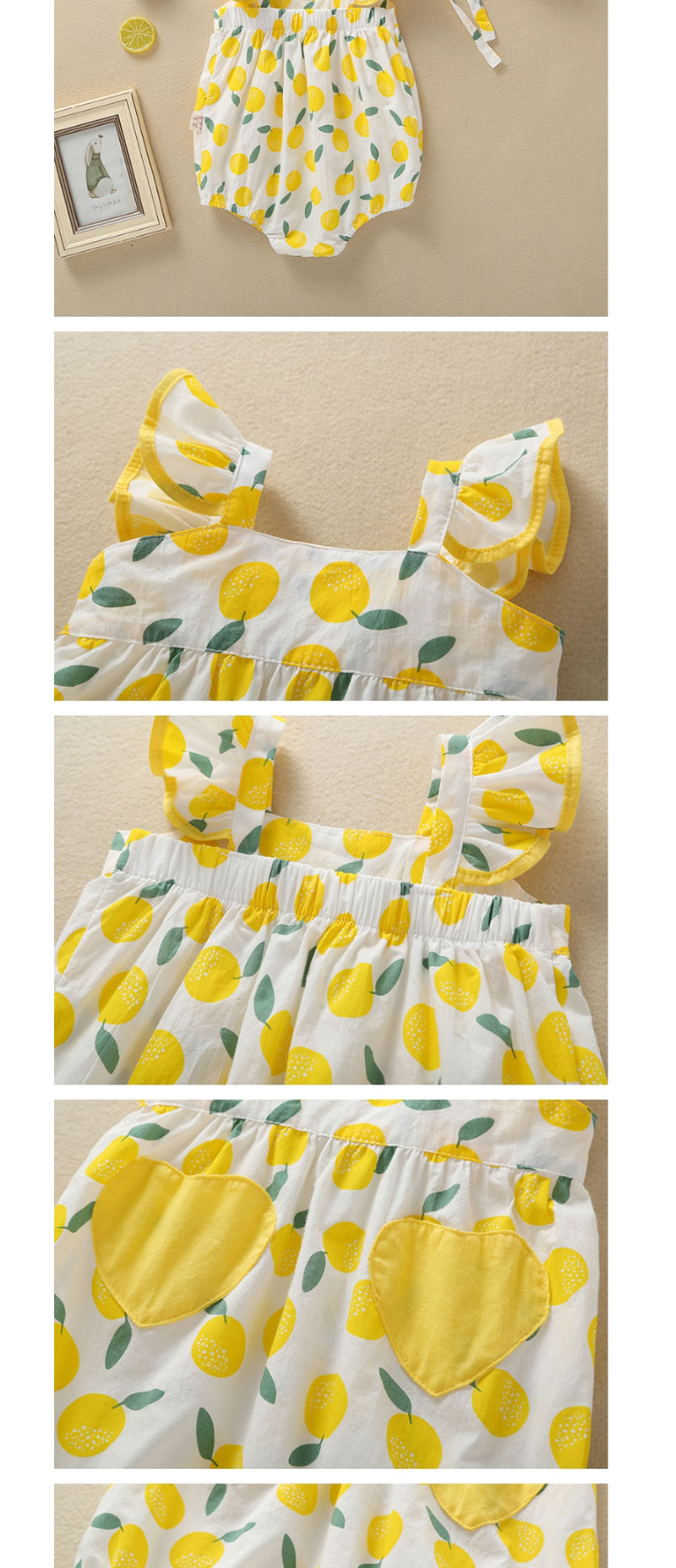 Fashion Lemon Yellow Fruit Print Love Patch Pocket Baby Triangle Lace,Kids Clothing