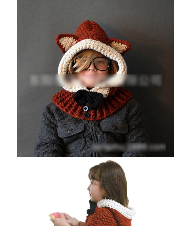 Fashion Dark Red Cartoon Fox Ear Bow Set Head Wool Cap Cloak,Sun Hats