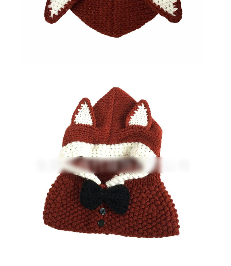 Fashion Dark Red Cartoon Fox Ear Bow Set Head Wool Cap Cloak,Sun Hats