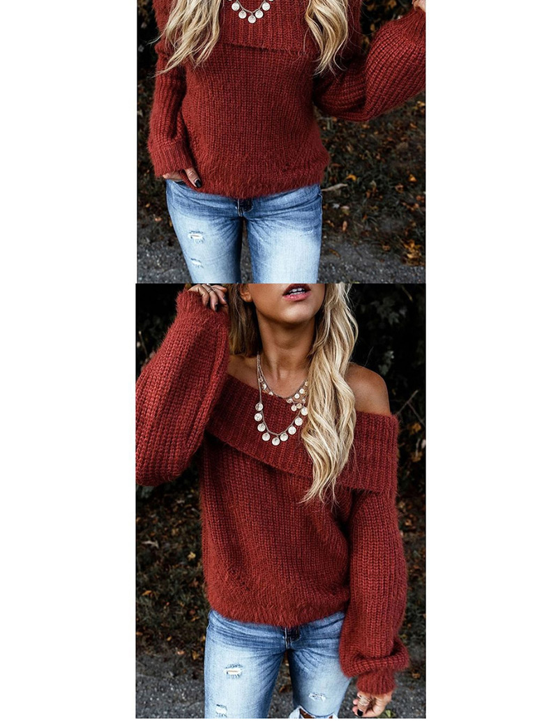 Fashion Red Lapel Off-the-shoulder Oblique Collar With Two Lantern Sleeve Sweaters,Sweater