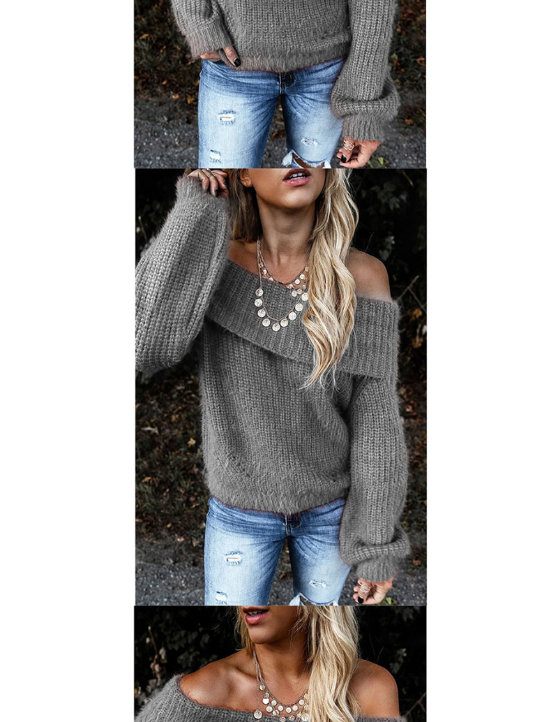 Fashion Gray Lapel Off-the-shoulder Oblique Collar With Two Lantern Sleeve Sweaters,Sweater