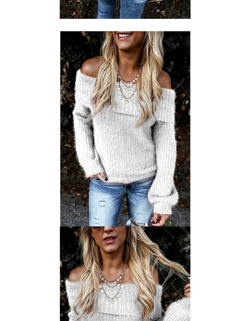 Fashion White Lapel Off-the-shoulder Oblique Collar With Two Lantern Sleeve Sweaters,Sweater