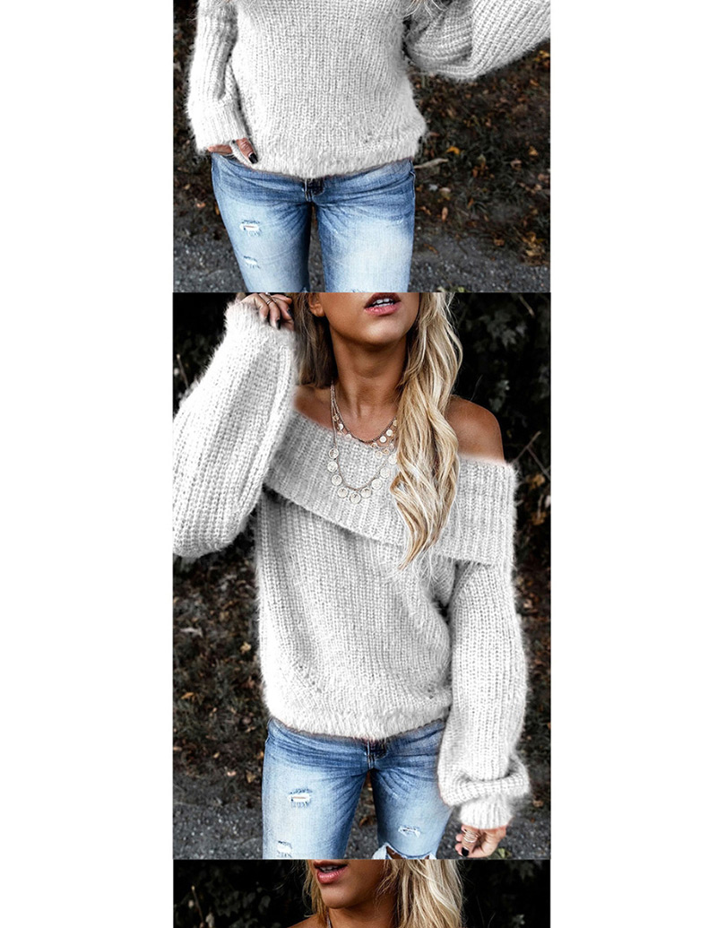 Fashion Gray Lapel Off-the-shoulder Oblique Collar With Two Lantern Sleeve Sweaters,Sweater