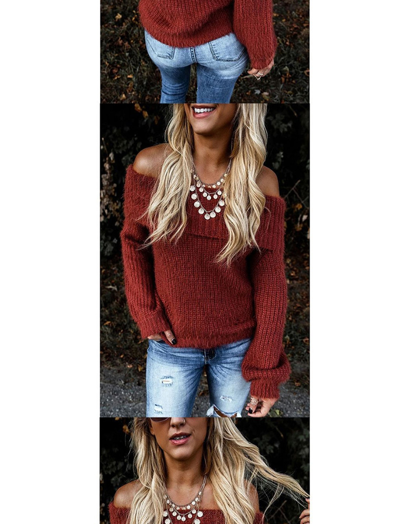 Fashion Red Lapel Off-the-shoulder Oblique Collar With Two Lantern Sleeve Sweaters,Sweater