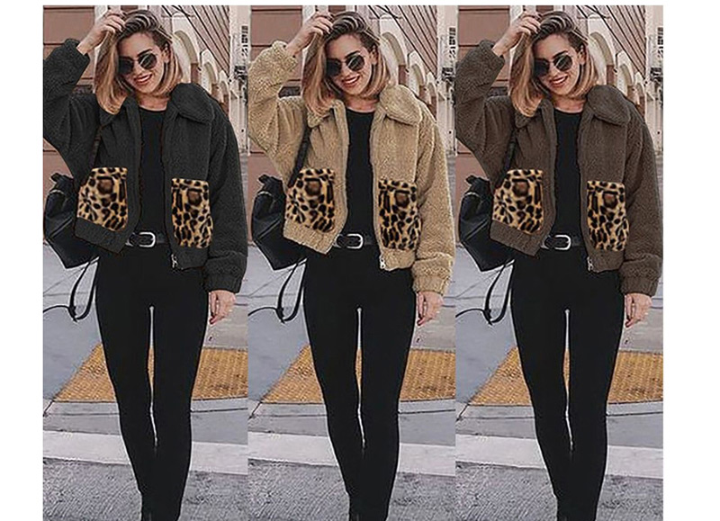Fashion Black Leopard Pocket Stitching Metal Zipper Plush Padded Jacket,Coat-Jacket
