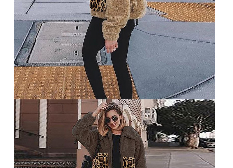 Fashion Dark Brown Leopard Pocket Stitching Metal Zipper Plush Padded Jacket,Coat-Jacket