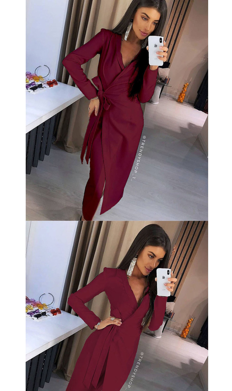 Fashion Red Wine Deep V-neck Dress,Long Dress