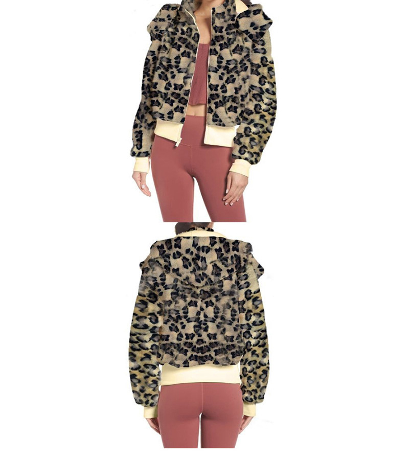 Fashion Leopard Lapel Hooded Zipper Plush Jacket,Coat-Jacket