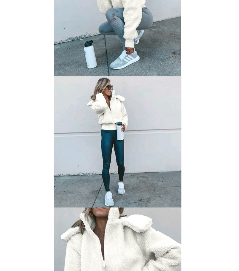 Fashion White Lapel Hooded Zipper Plush Jacket,Coat-Jacket