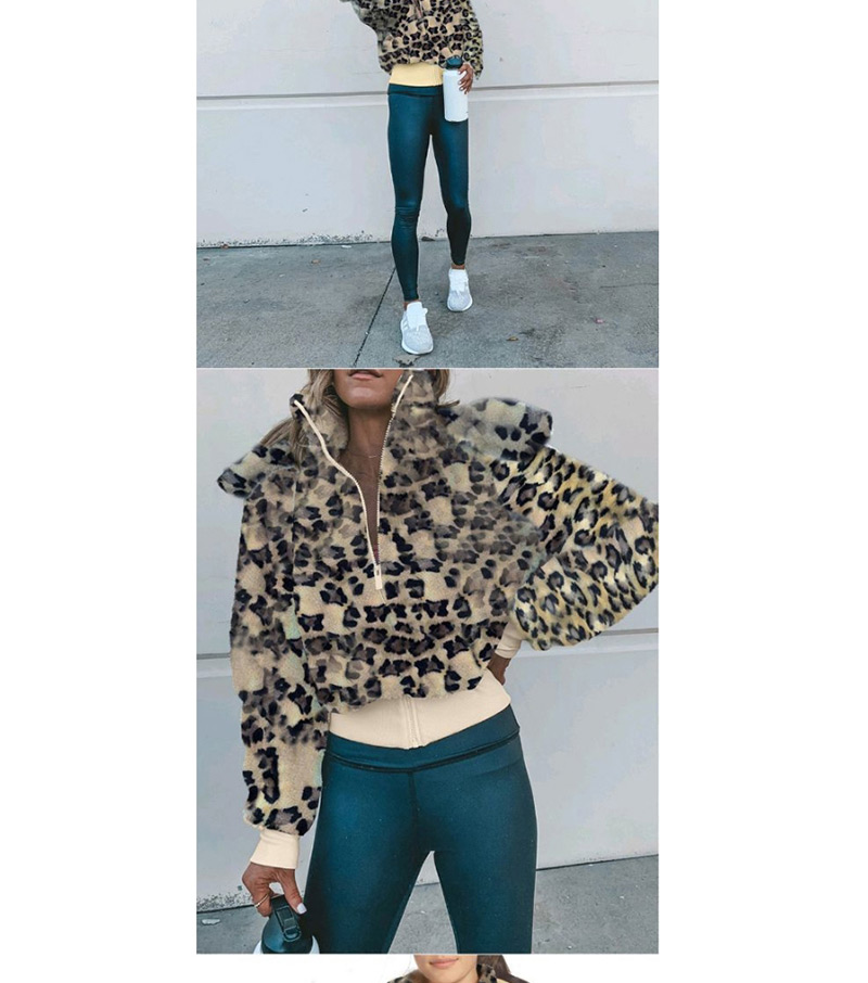 Fashion Leopard Lapel Hooded Zipper Plush Jacket,Coat-Jacket