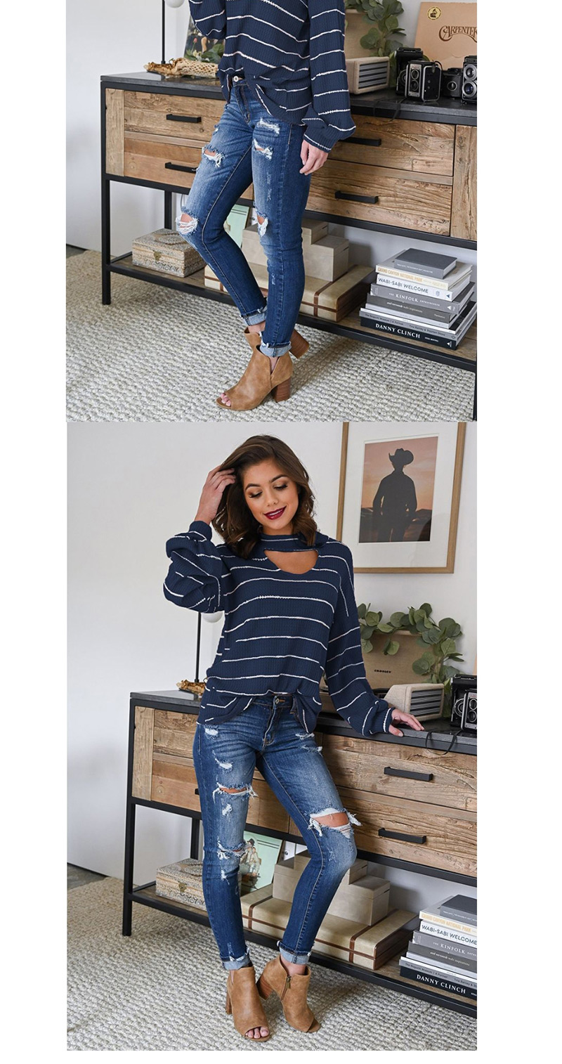 Fashion Dark Blue Striped Pullover Shirt,Sweater
