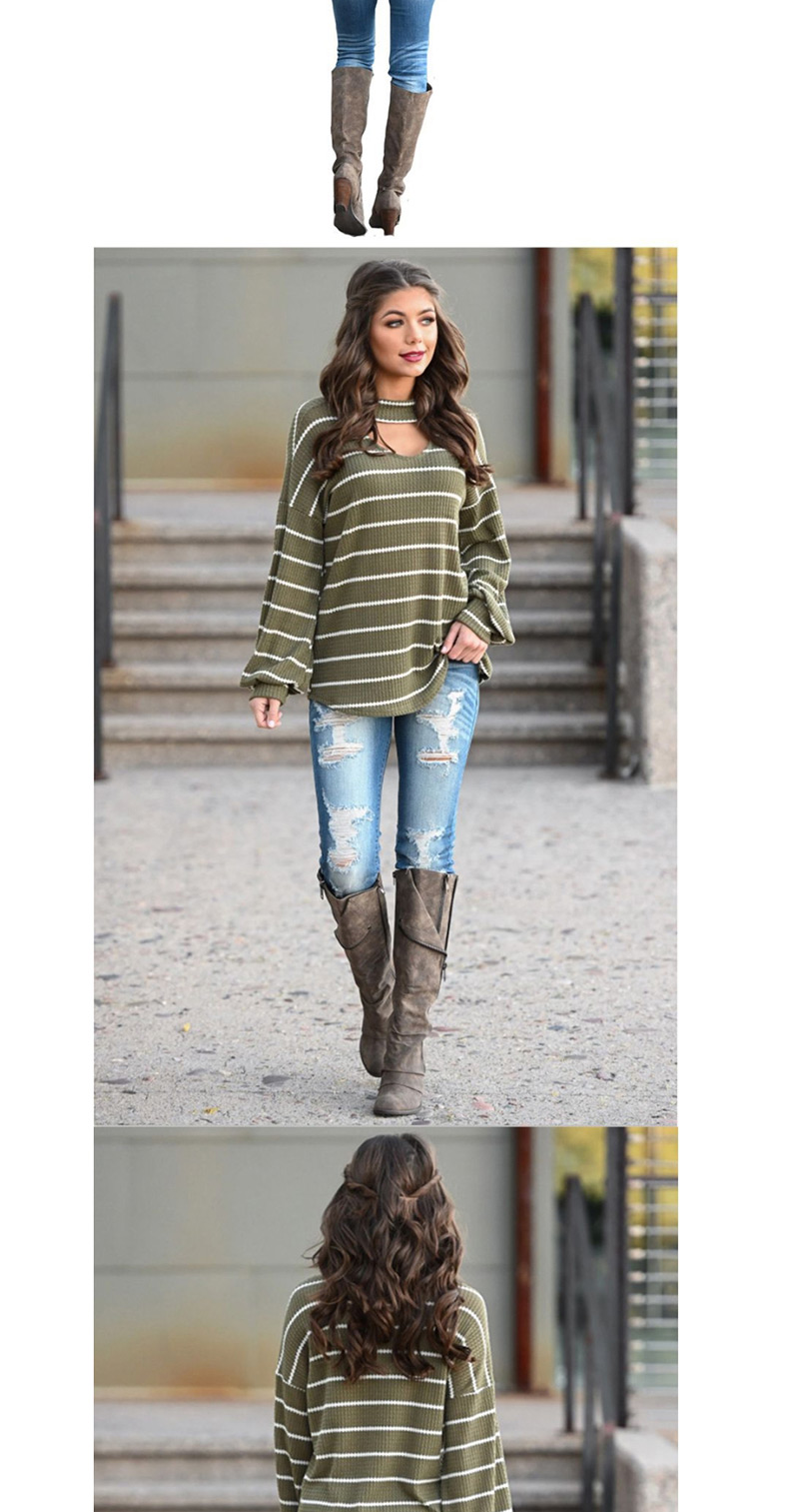 Fashion Army Green Striped Pullover Shirt,Sweater