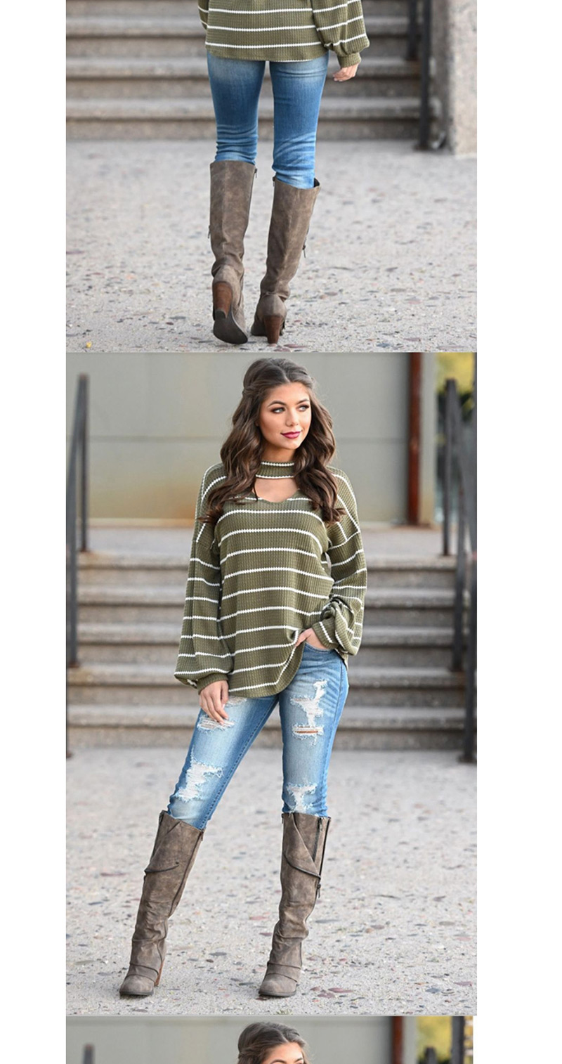Fashion Army Green Striped Pullover Shirt,Sweater