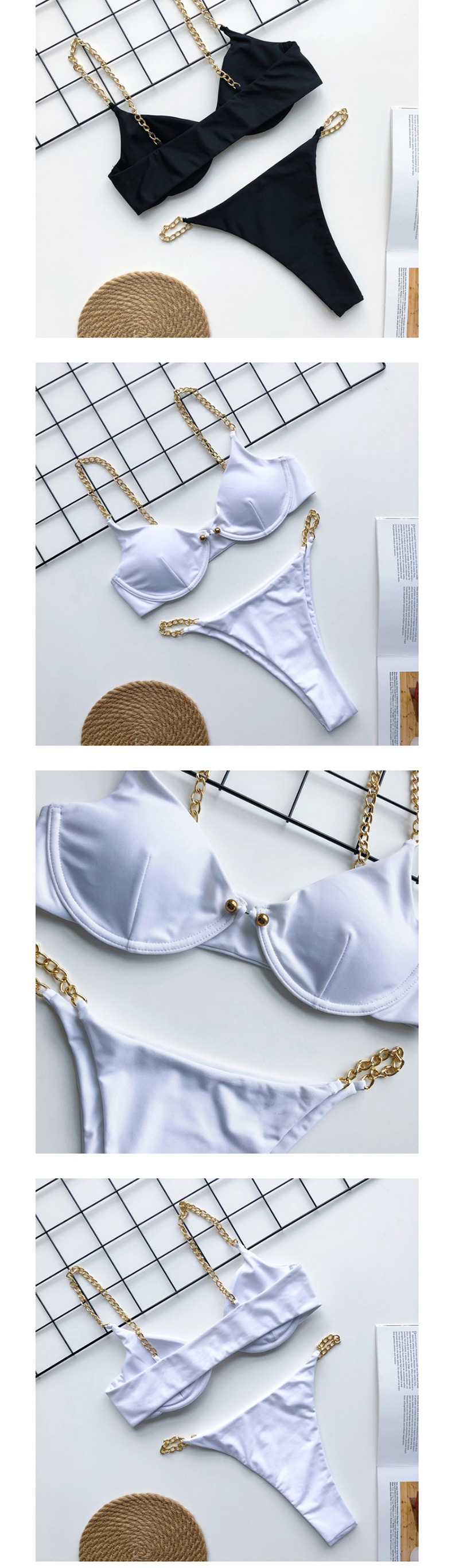 Fashion White Chain Pin Buckle Split Swimsuit,Bikini Sets