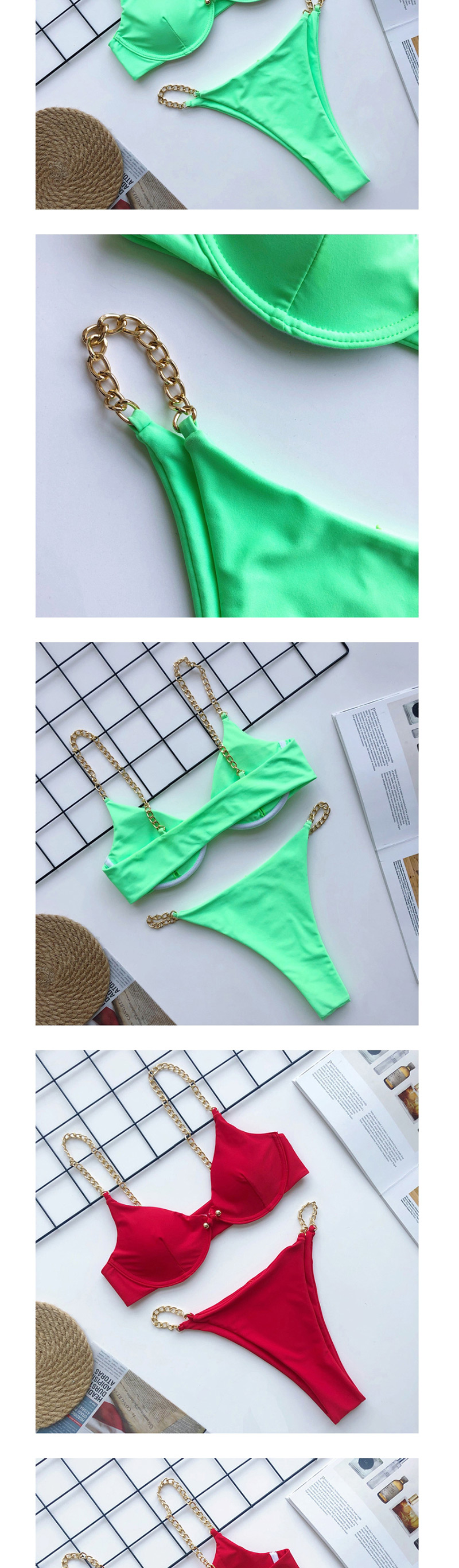 Fashion Fluorescent Green Chain Pin Buckle Split Swimsuit,Bikini Sets