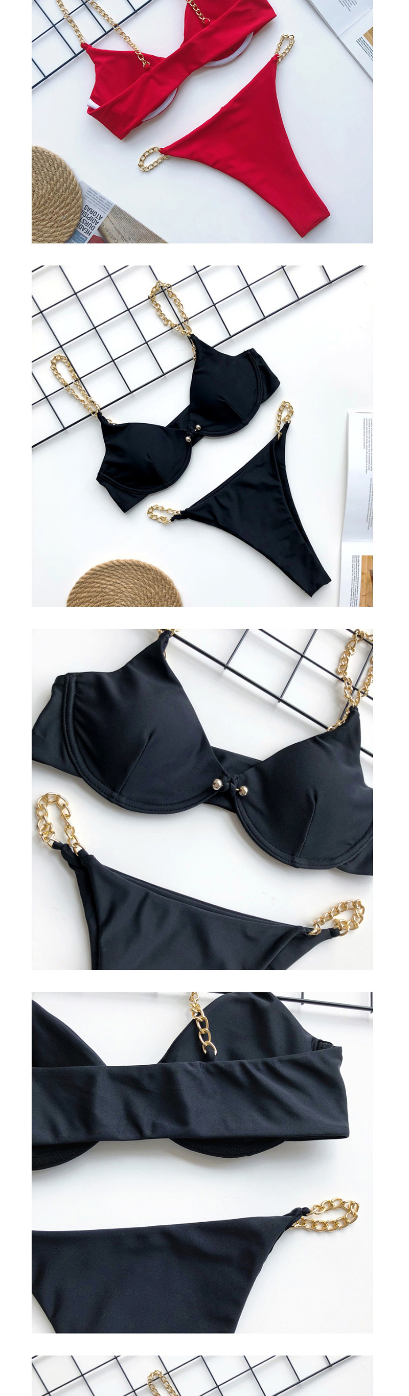 Fashion Black Chain Pin Buckle Split Swimsuit,Bikini Sets