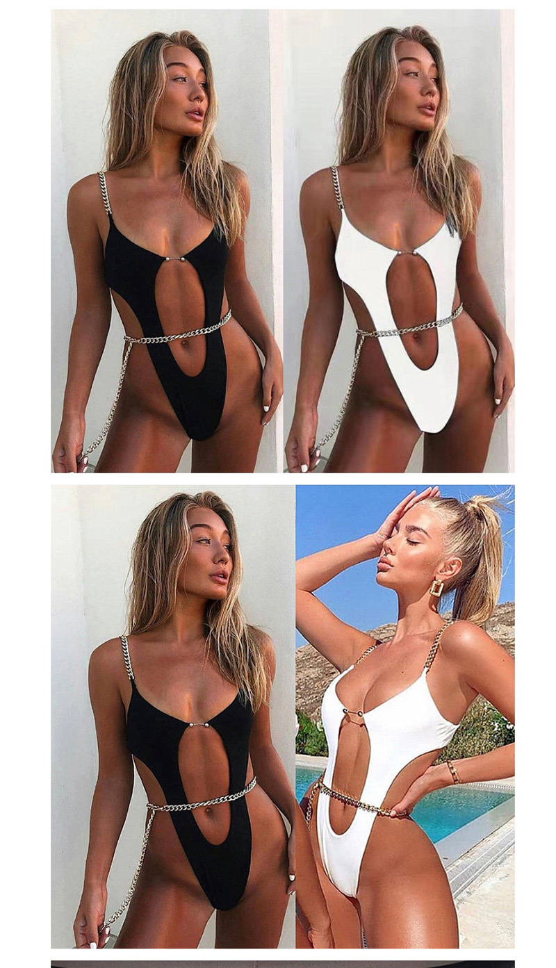 Fashion Black Chain Openwork Backless One-piece Swimsuit,One Pieces