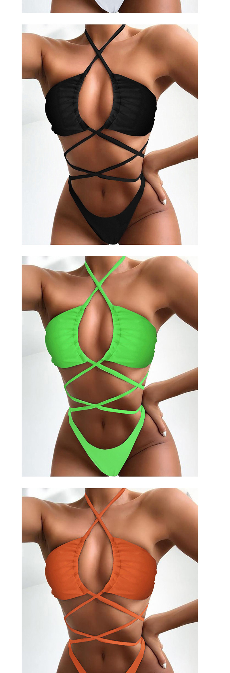 Fashion Fluorescent Green Drawstring Bandage One-piece Swimsuit,One Pieces