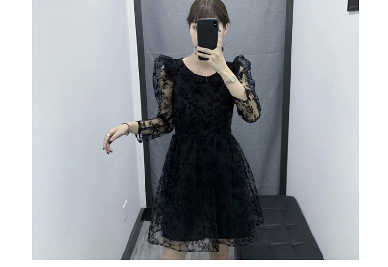 Fashion Black Flower Print Enamel Mesh Dress,Mini & Short Dresses