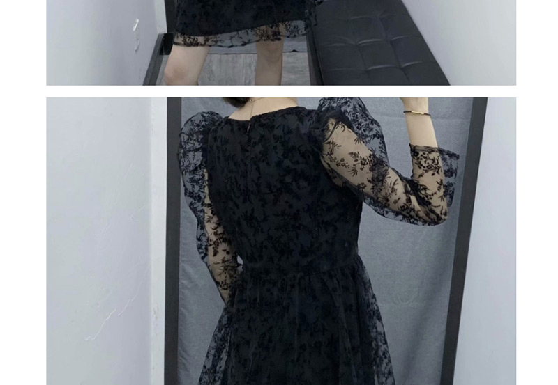 Fashion Black Flower Print Enamel Mesh Dress,Mini & Short Dresses