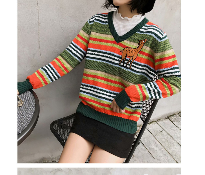 Fashion Color Animal Stitching Striped Pullover,Sweater