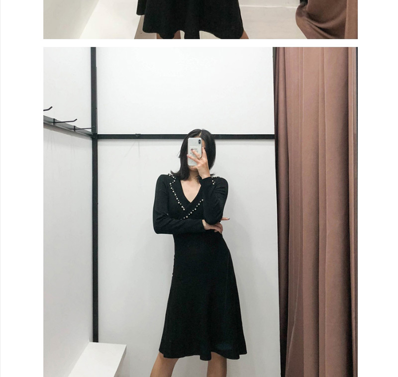 Fashion Black Stitching Beaded Knit Dress,Long Dress