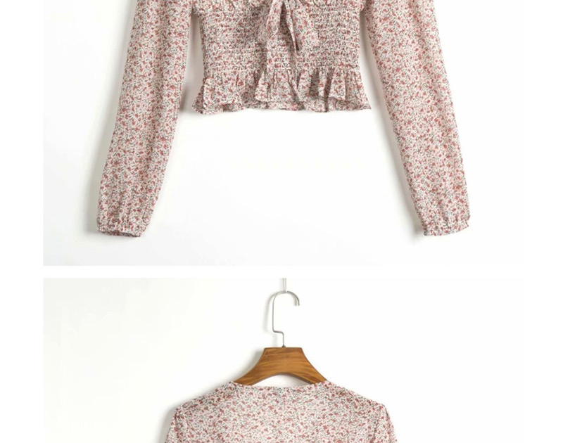 Fashion Pink Flower Print Ruffled Shirt,Sweatshirts