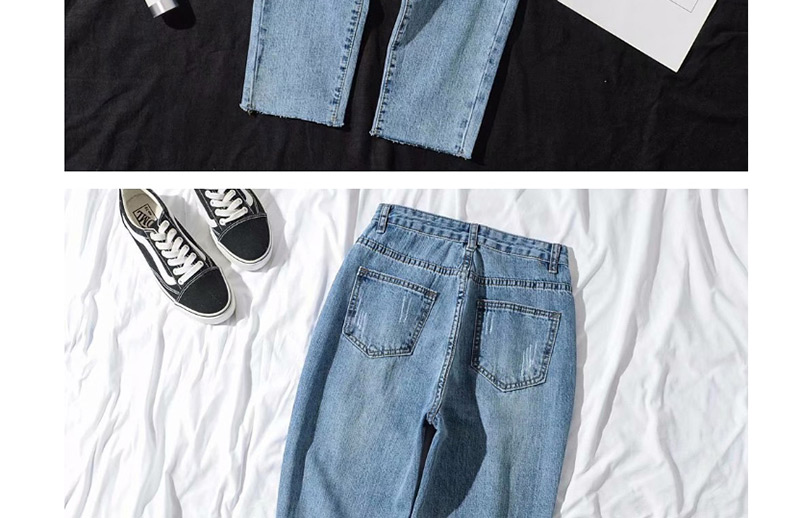 Fashion Blue Shredded Hole Straight Jeans,Denim