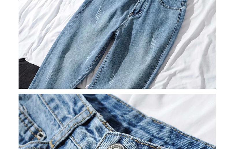 Fashion Blue Shredded Hole Straight Jeans,Denim
