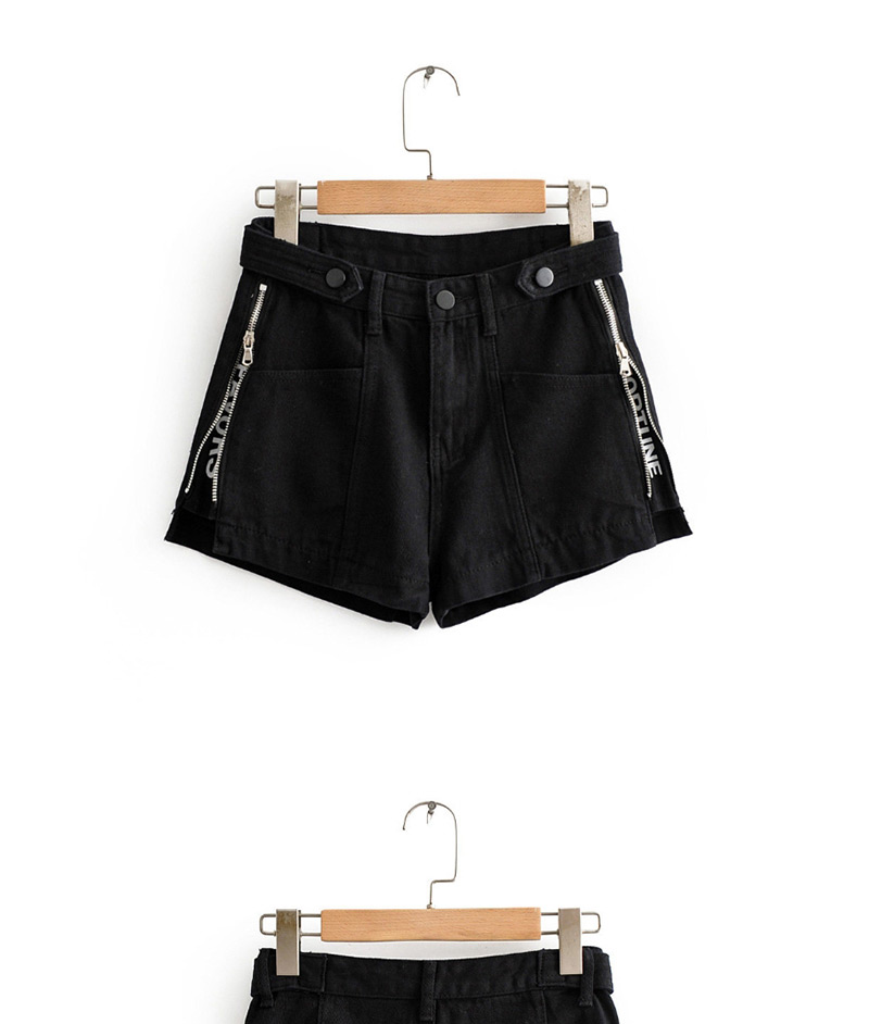 Fashion Black Washed High Waist Side Zip Denim Shorts,Shorts