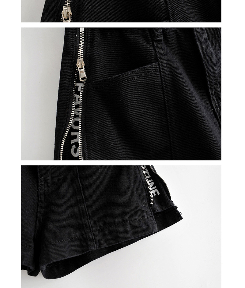 Fashion Black Washed High Waist Side Zip Denim Shorts,Shorts